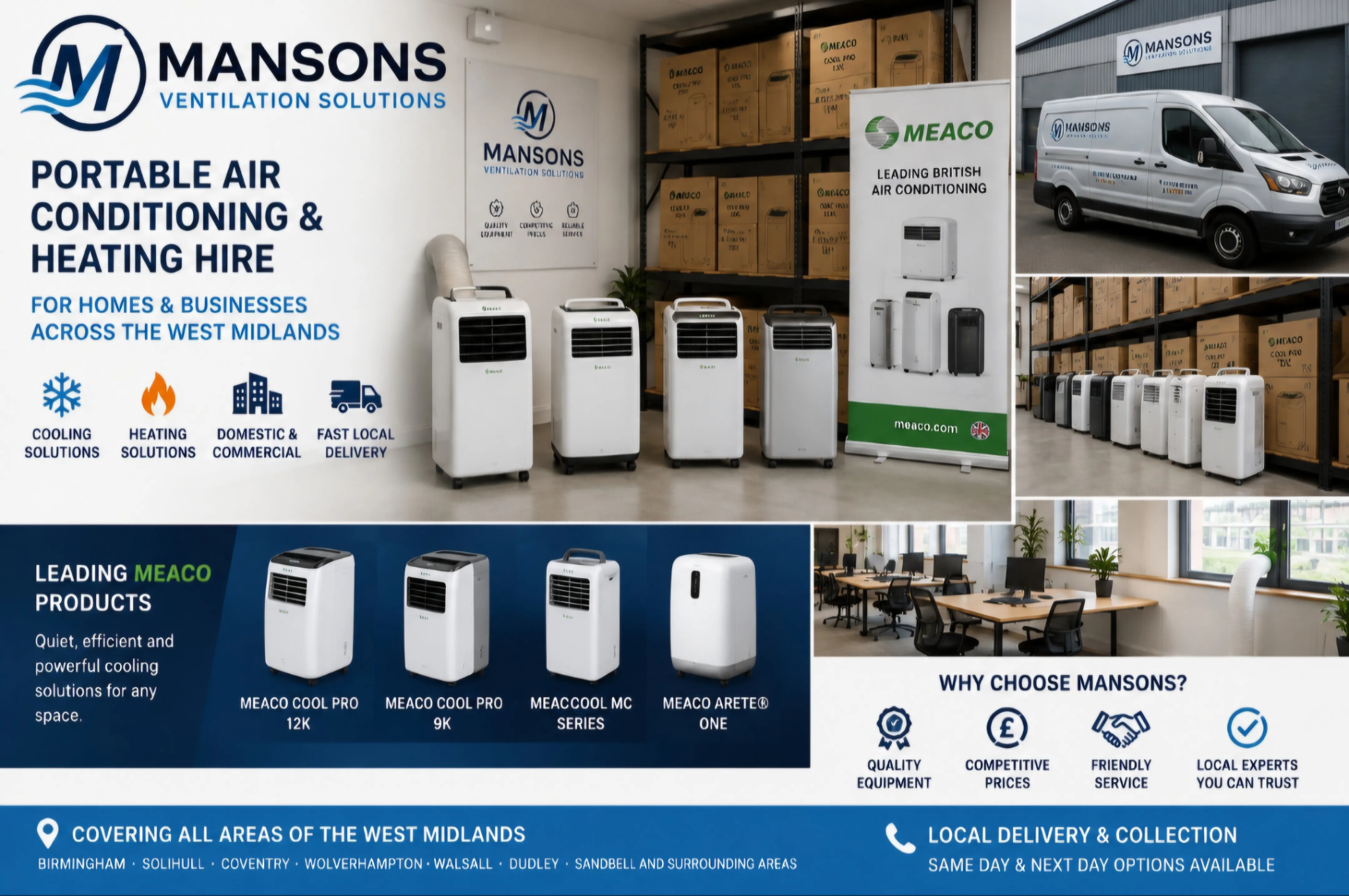 Mansons portable air conditioning showroom, van and Meaco equipment