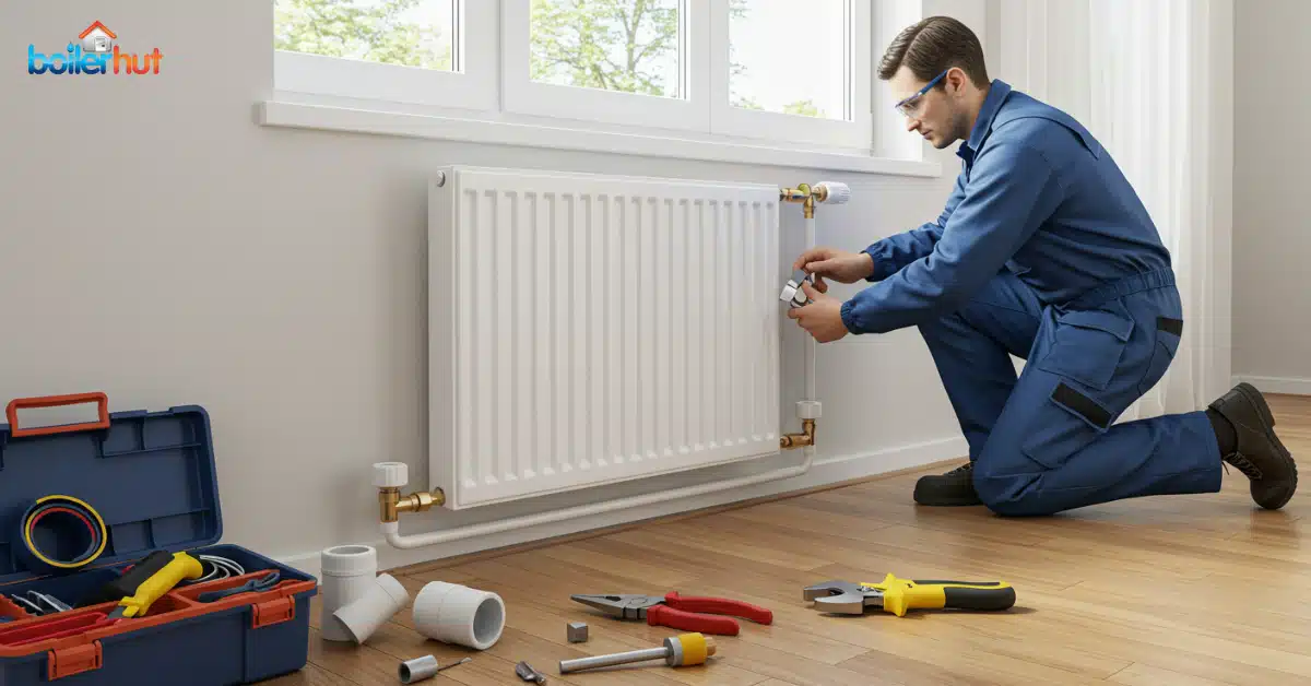 Heating engineer working on a radiator system